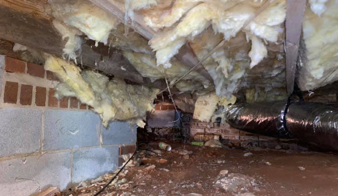Close-up view of a damaged crawlspace